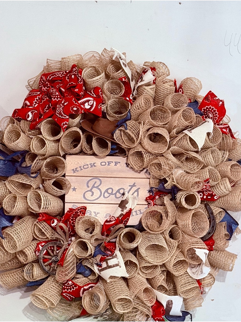 Rustic Burlap Western Boots Wreath with Red Bandana Accents